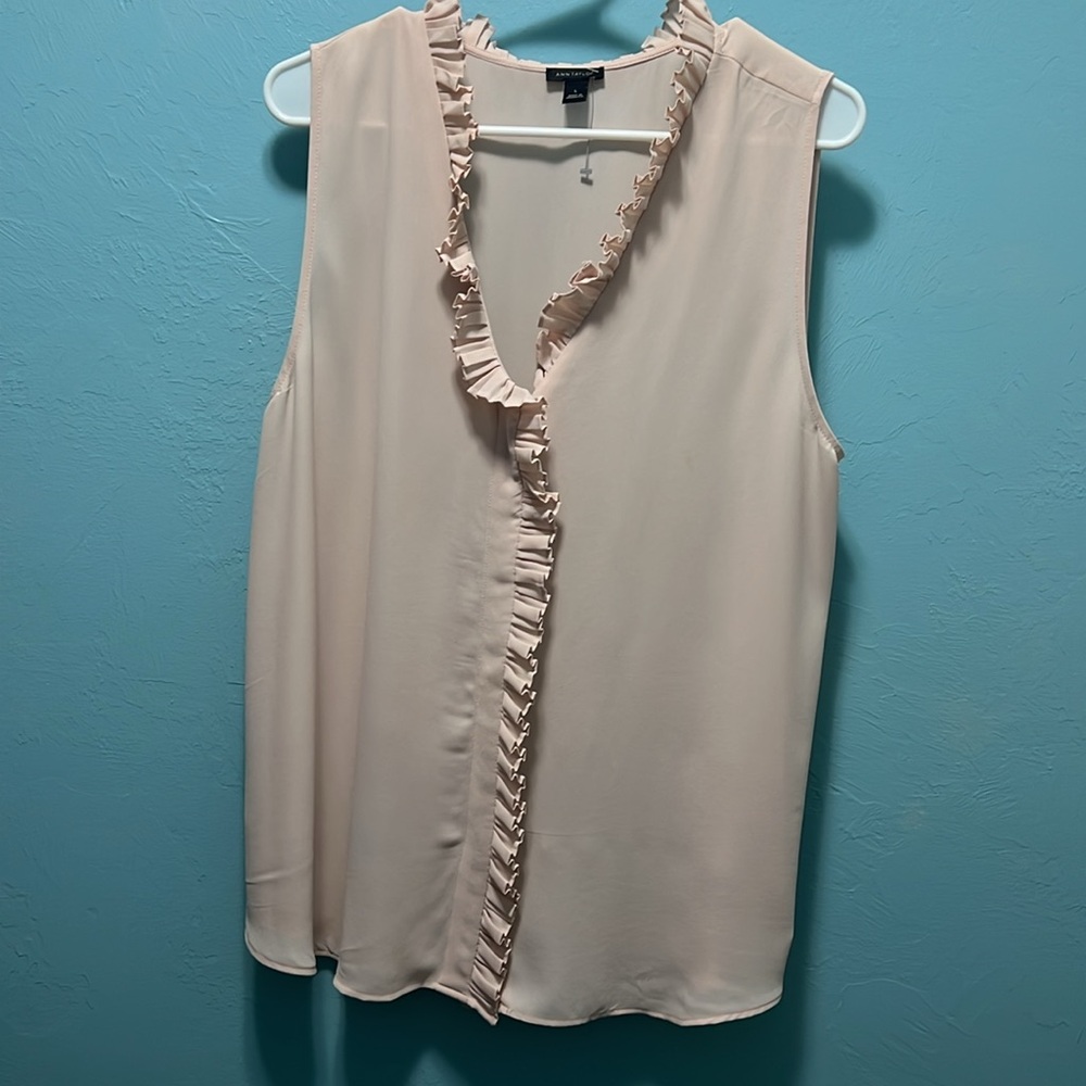 Ann Taylor Blush Pleated-ruffle V-neck Shell Size Large